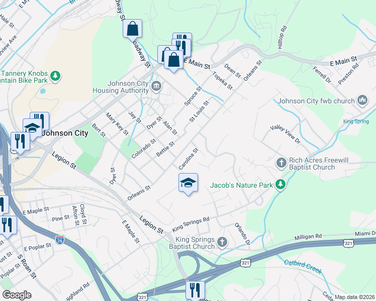 map of restaurants, bars, coffee shops, grocery stores, and more near 412 Orleans Street in Johnson City