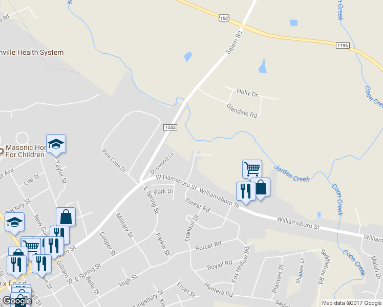 map of restaurants, bars, coffee shops, grocery stores, and more near 201 Hillandale Drive in Oxford