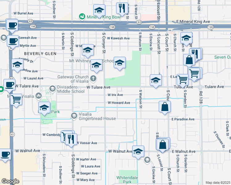 map of restaurants, bars, coffee shops, grocery stores, and more near 728 W Iris Ave in Visalia