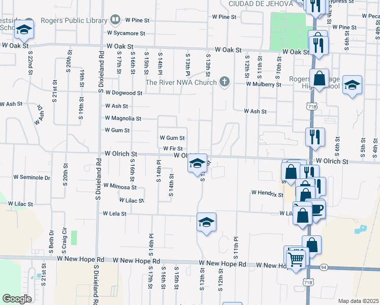 map of restaurants, bars, coffee shops, grocery stores, and more near 1310 West Fir Street in Rogers