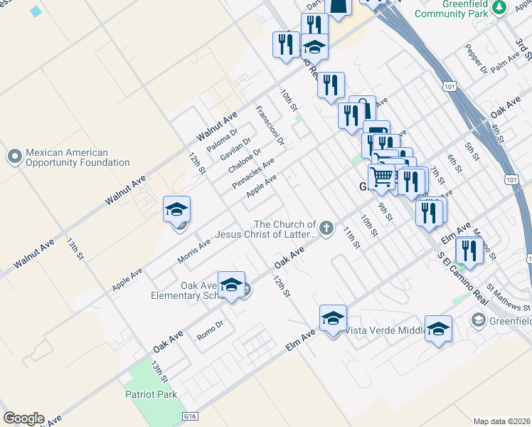 map of restaurants, bars, coffee shops, grocery stores, and more near 346 Hicks Drive in Greenfield