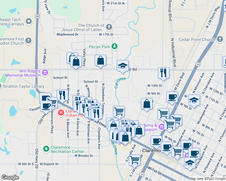 map of restaurants, bars, coffee shops, grocery stores, and more near 1100 Chambers Court in Claremore