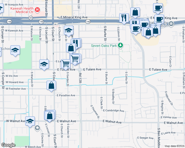 map of restaurants, bars, coffee shops, grocery stores, and more near 1241 South Liberty Street in Visalia