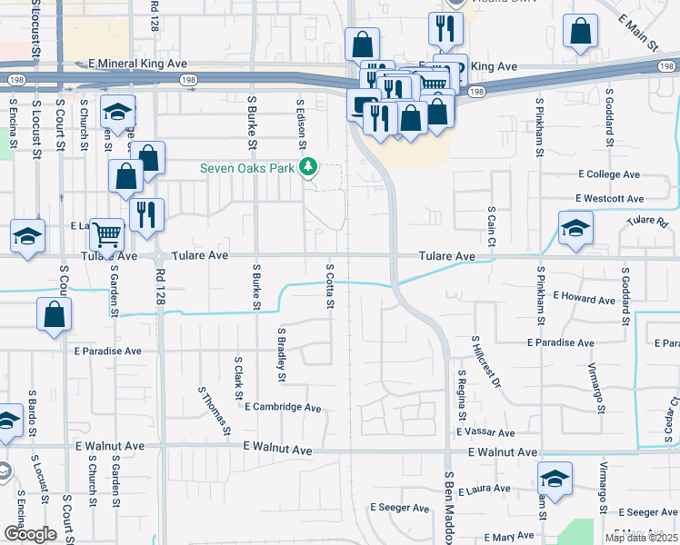 map of restaurants, bars, coffee shops, grocery stores, and more near 1236 South Cotta Street in Visalia