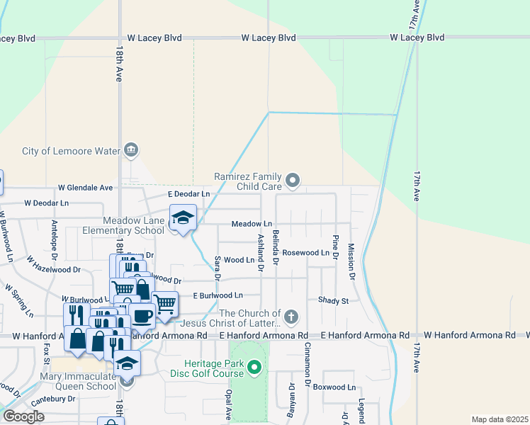 map of restaurants, bars, coffee shops, grocery stores, and more near 1492 Ashland Drive in Lemoore
