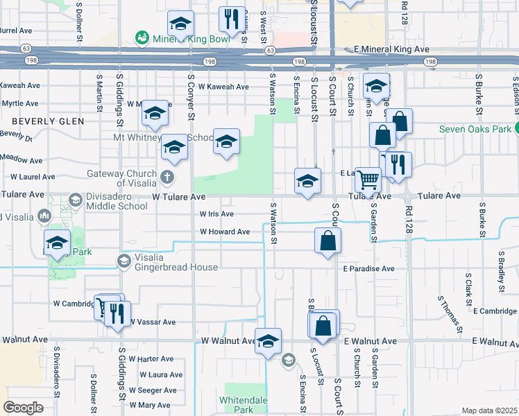 map of restaurants, bars, coffee shops, grocery stores, and more near 506 West Iris Avenue in Visalia