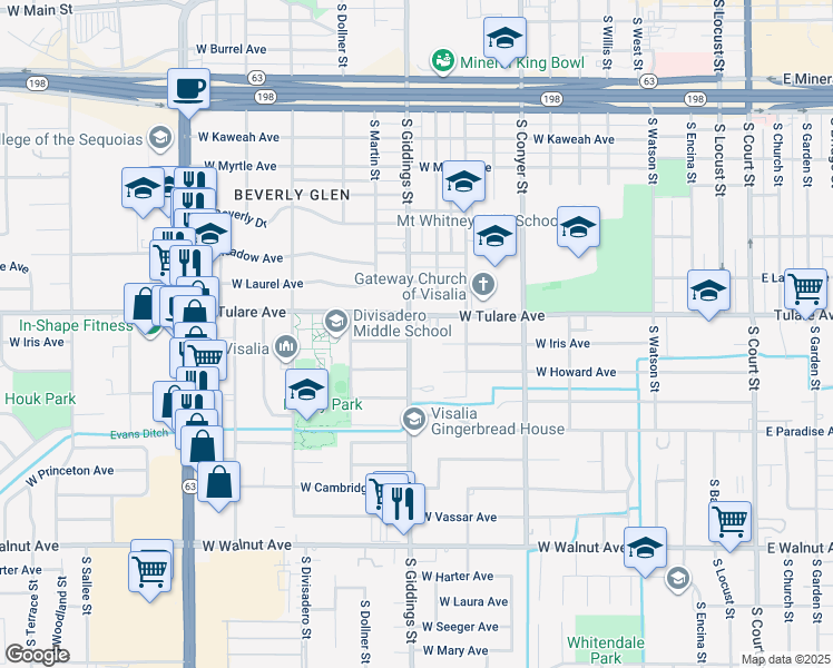 map of restaurants, bars, coffee shops, grocery stores, and more near 1301 South Giddings Street in Visalia