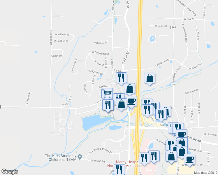 map of restaurants, bars, coffee shops, grocery stores, and more near 5001 Stoney Brook Road in Rogers