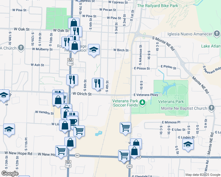 map of restaurants, bars, coffee shops, grocery stores, and more near 1509 South 4th Street in Rogers
