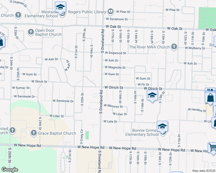 map of restaurants, bars, coffee shops, grocery stores, and more near 1709 West Olrich Street in Rogers