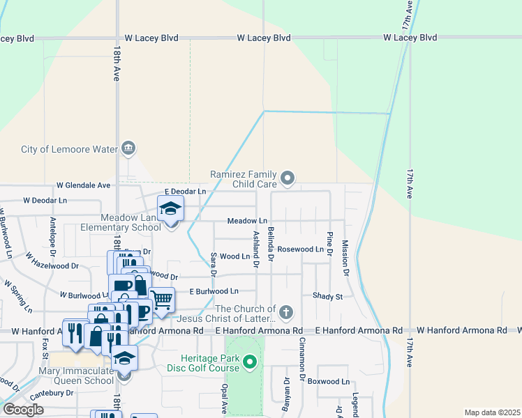 map of restaurants, bars, coffee shops, grocery stores, and more near 1492 Ashland Drive in Lemoore