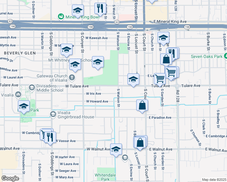 map of restaurants, bars, coffee shops, grocery stores, and more near 506 West Iris Avenue in Visalia