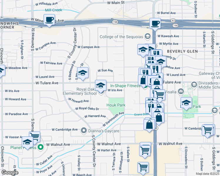 map of restaurants, bars, coffee shops, grocery stores, and more near 2644 West Iris Avenue in Visalia