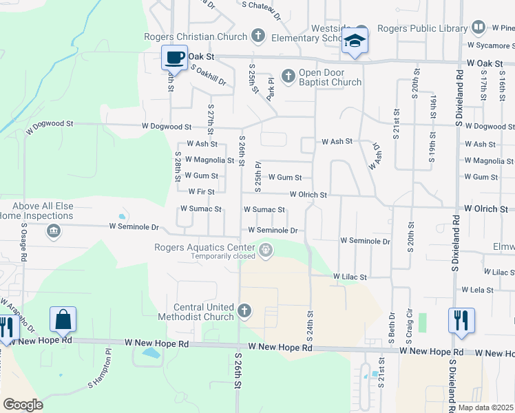 map of restaurants, bars, coffee shops, grocery stores, and more near 2907 West Sumac Street in Rogers