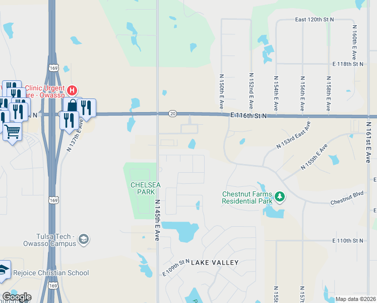 map of restaurants, bars, coffee shops, grocery stores, and more near 14611 East 114th Street North in Owasso