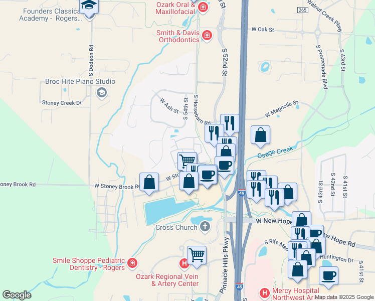 map of restaurants, bars, coffee shops, grocery stores, and more near 5100 Sandhurst in Rogers
