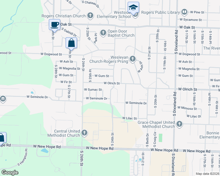 map of restaurants, bars, coffee shops, grocery stores, and more near 1500 South 24th Street in Rogers