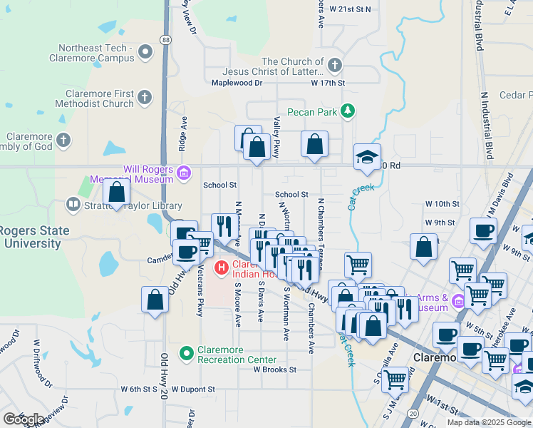 map of restaurants, bars, coffee shops, grocery stores, and more near 206 North Davis Avenue in Claremore