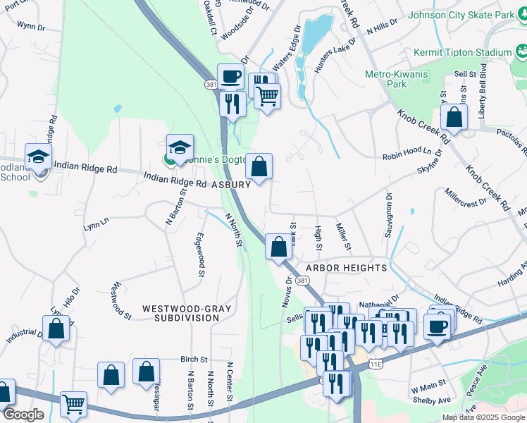 map of restaurants, bars, coffee shops, grocery stores, and more near 1721 Skyline Drive in Johnson City