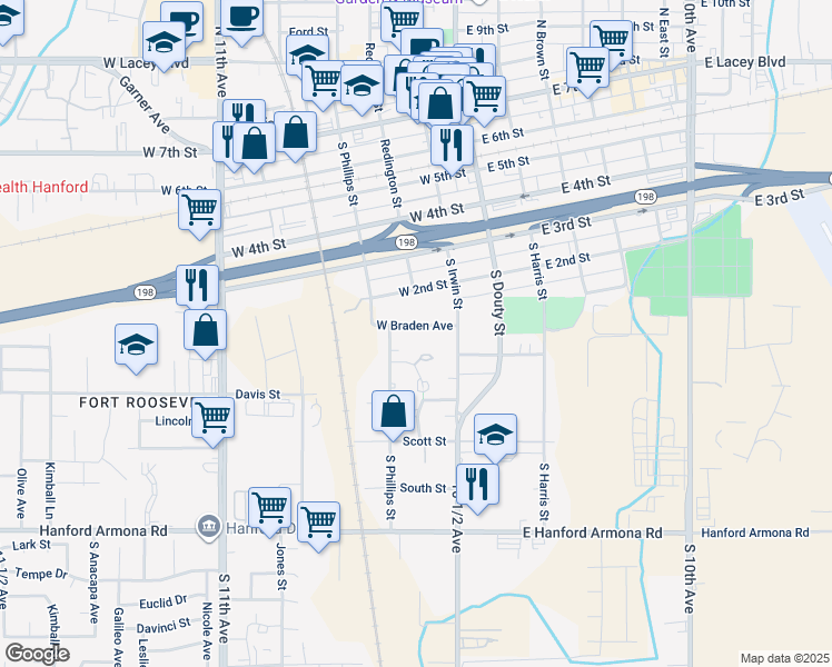 map of restaurants, bars, coffee shops, grocery stores, and more near 301 West Braden Avenue in Hanford