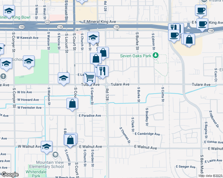map of restaurants, bars, coffee shops, grocery stores, and more near 1226 South Santa Fe Street in Visalia