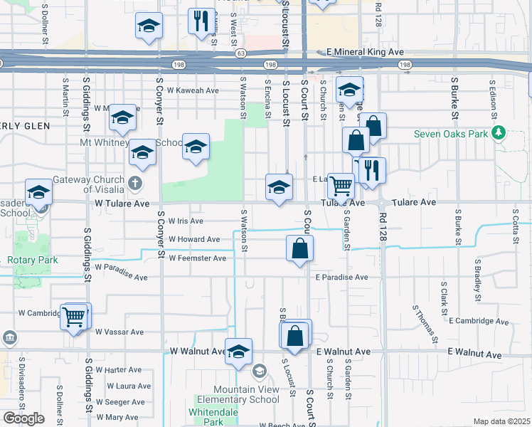 map of restaurants, bars, coffee shops, grocery stores, and more near 309 West Tulare Avenue in Visalia