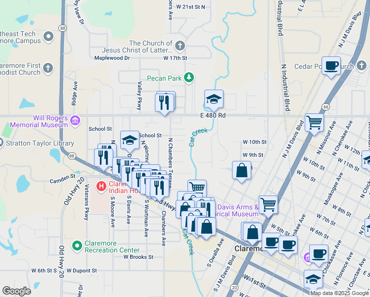 map of restaurants, bars, coffee shops, grocery stores, and more near 1100 Chambers Court in Claremore