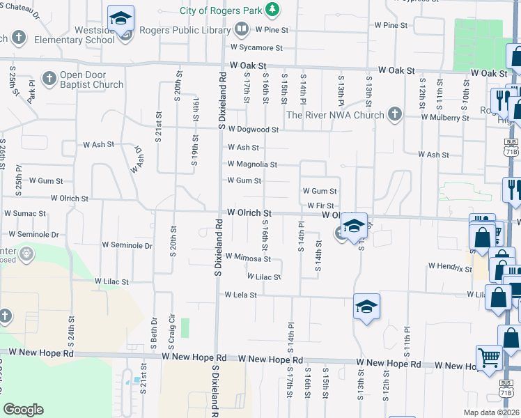 map of restaurants, bars, coffee shops, grocery stores, and more near 1601 West Olrich Street in Rogers