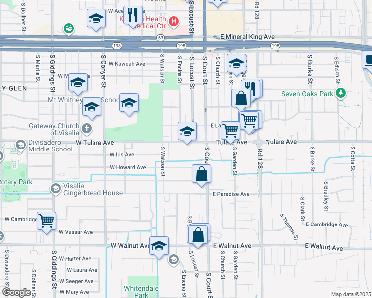 map of restaurants, bars, coffee shops, grocery stores, and more near 211 West Tulare Avenue in Visalia
