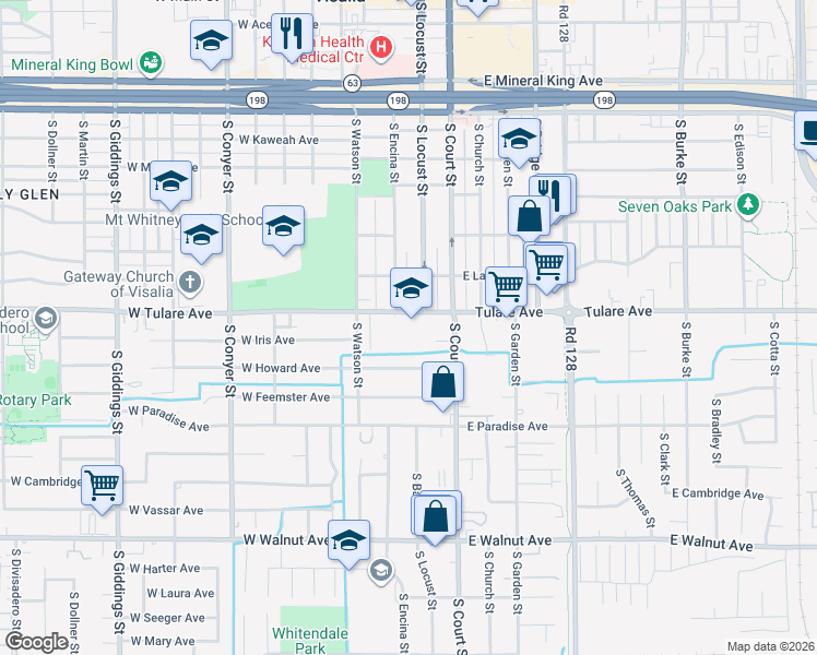 map of restaurants, bars, coffee shops, grocery stores, and more near 211 West Tulare Avenue in Visalia