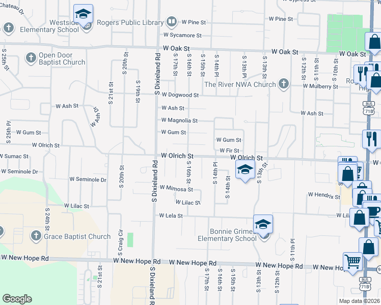 map of restaurants, bars, coffee shops, grocery stores, and more near 1601 West Olrich Street in Rogers