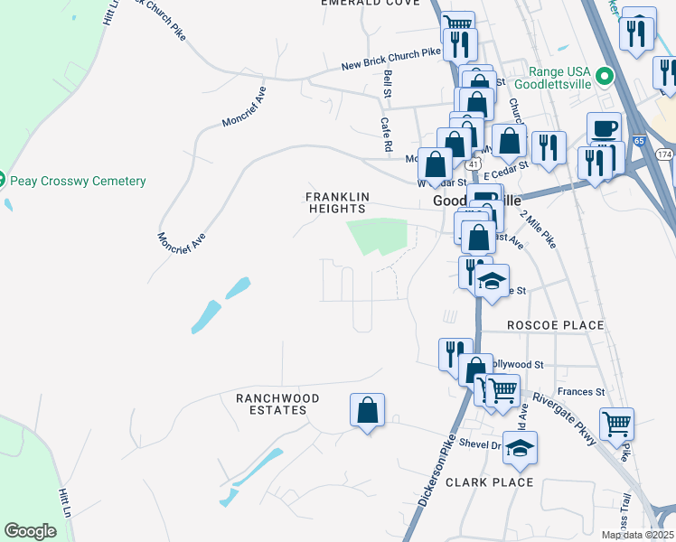 map of restaurants, bars, coffee shops, grocery stores, and more near 497 Killarney Park in Goodlettsville