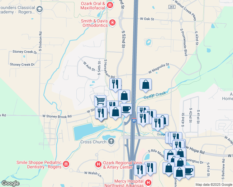 map of restaurants, bars, coffee shops, grocery stores, and more near 1800 South 52nd Street in Rogers