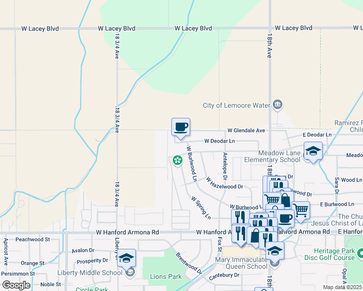 map of restaurants, bars, coffee shops, grocery stores, and more near 443 W Deodar Ln in Lemoore
