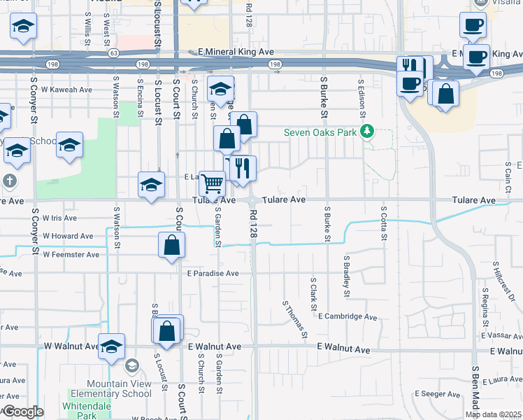 map of restaurants, bars, coffee shops, grocery stores, and more near 1224 South Santa Fe Street in Visalia