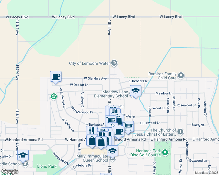 map of restaurants, bars, coffee shops, grocery stores, and more near 1525 18th Avenue in Lemoore