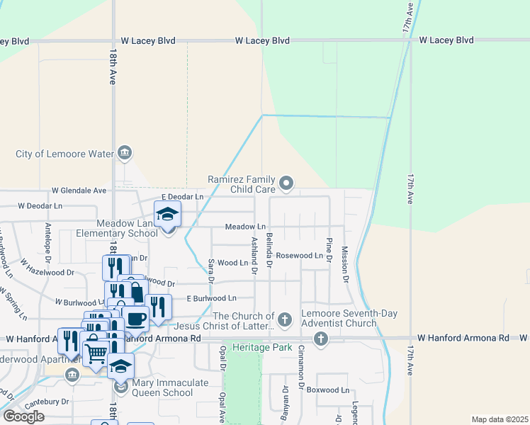 map of restaurants, bars, coffee shops, grocery stores, and more near 1513 Belinda Drive in Lemoore