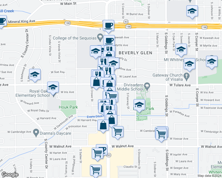 map of restaurants, bars, coffee shops, grocery stores, and more near 1230 South Mooney Boulevard in Visalia