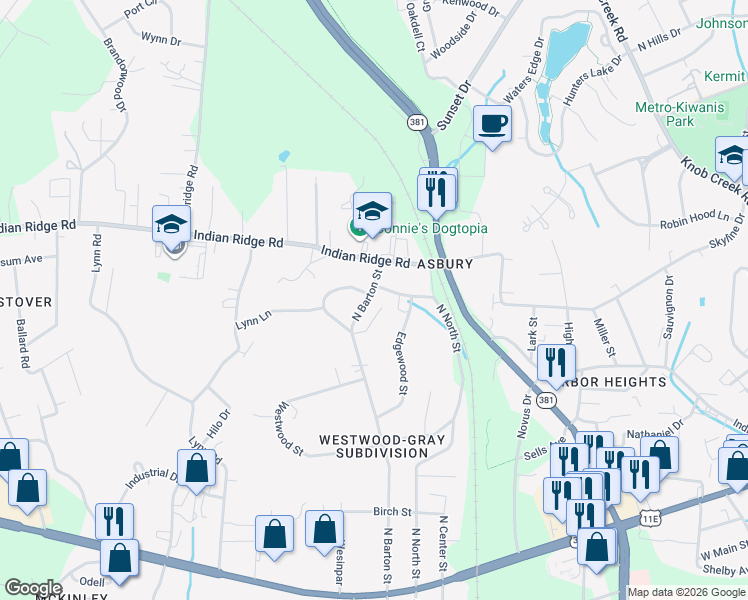 map of restaurants, bars, coffee shops, grocery stores, and more near 1307 North Barton Street in Johnson City