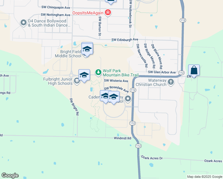 map of restaurants, bars, coffee shops, grocery stores, and more near 1501 Southwest Rosedale Avenue in Bentonville