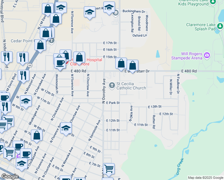 map of restaurants, bars, coffee shops, grocery stores, and more near 1304 North Dorothy Avenue in Claremore