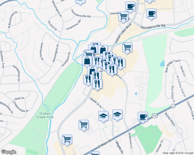 map of restaurants, bars, coffee shops, grocery stores, and more near 209 Indian Lake Boulevard in Hendersonville