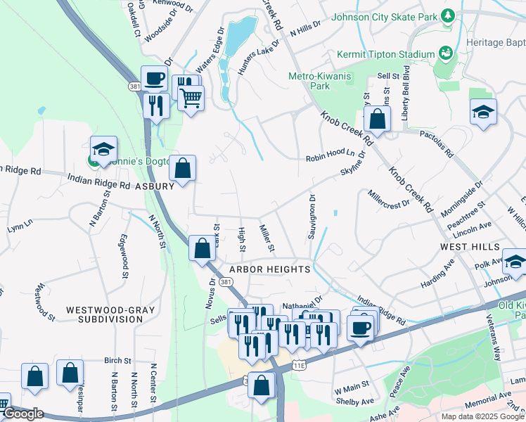 map of restaurants, bars, coffee shops, grocery stores, and more near 1504 Skyline Drive in Johnson City