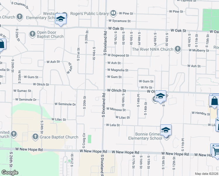 map of restaurants, bars, coffee shops, grocery stores, and more near 1709 West Olrich Street in Rogers