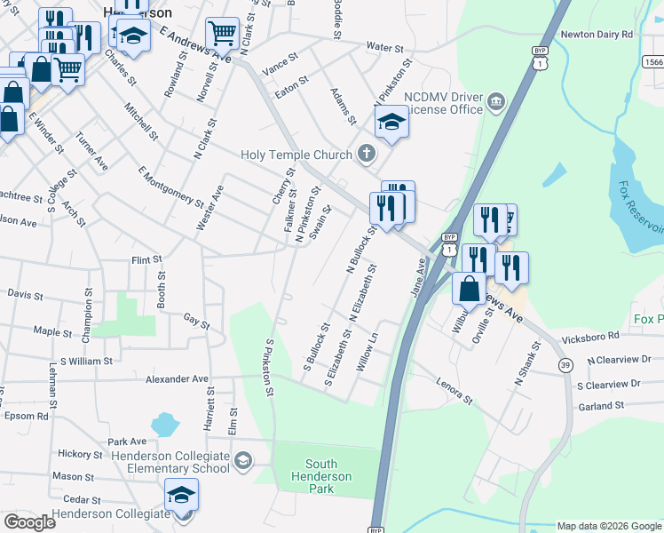map of restaurants, bars, coffee shops, grocery stores, and more near 128 Booth Avenue in Henderson