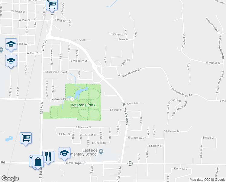 map of restaurants, bars, coffee shops, grocery stores, and more near 1420 Monte Ne Road in Rogers