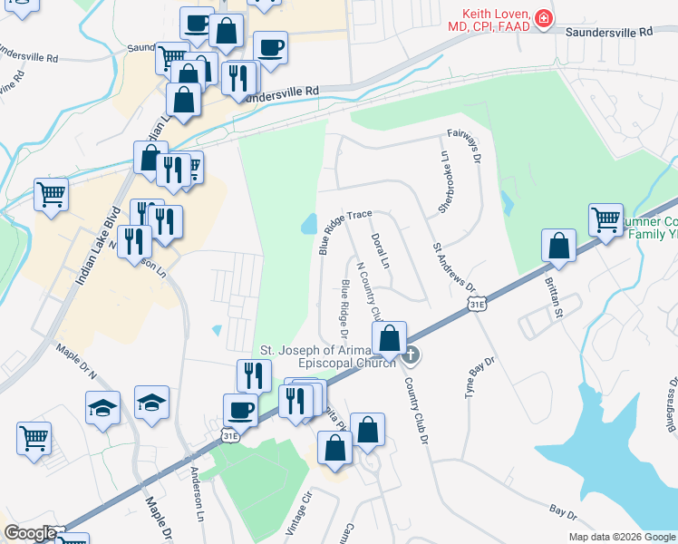 map of restaurants, bars, coffee shops, grocery stores, and more near 127 Blue Ridge Drive in Hendersonville