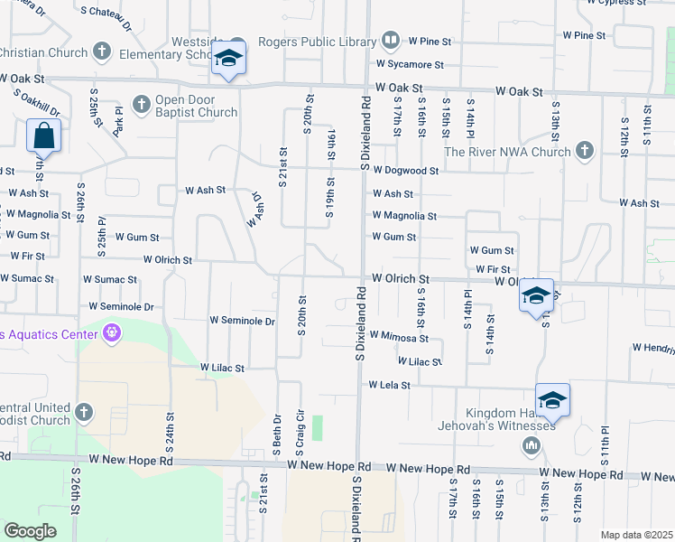 map of restaurants, bars, coffee shops, grocery stores, and more near 1804 West Countryside Lane in Rogers