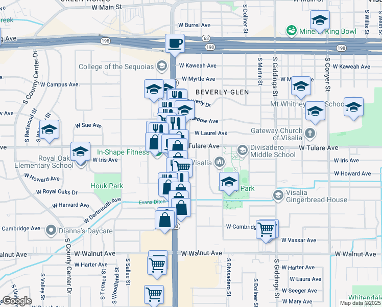 map of restaurants, bars, coffee shops, grocery stores, and more near 1230 South Mooney Boulevard in Visalia