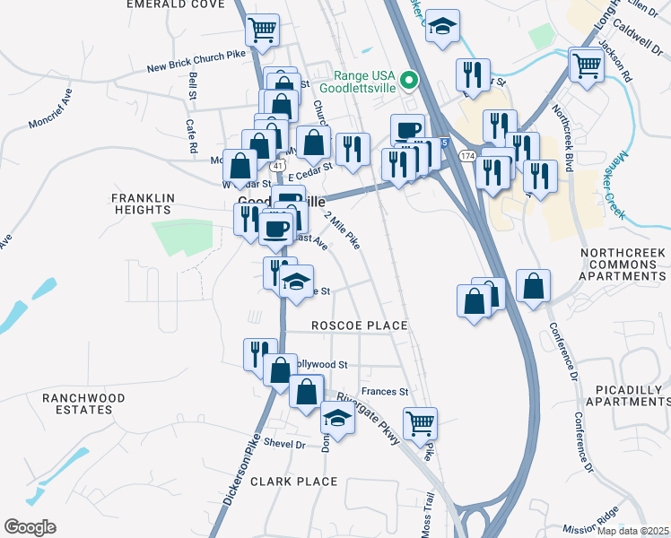 map of restaurants, bars, coffee shops, grocery stores, and more near 127 East Avenue in Goodlettsville